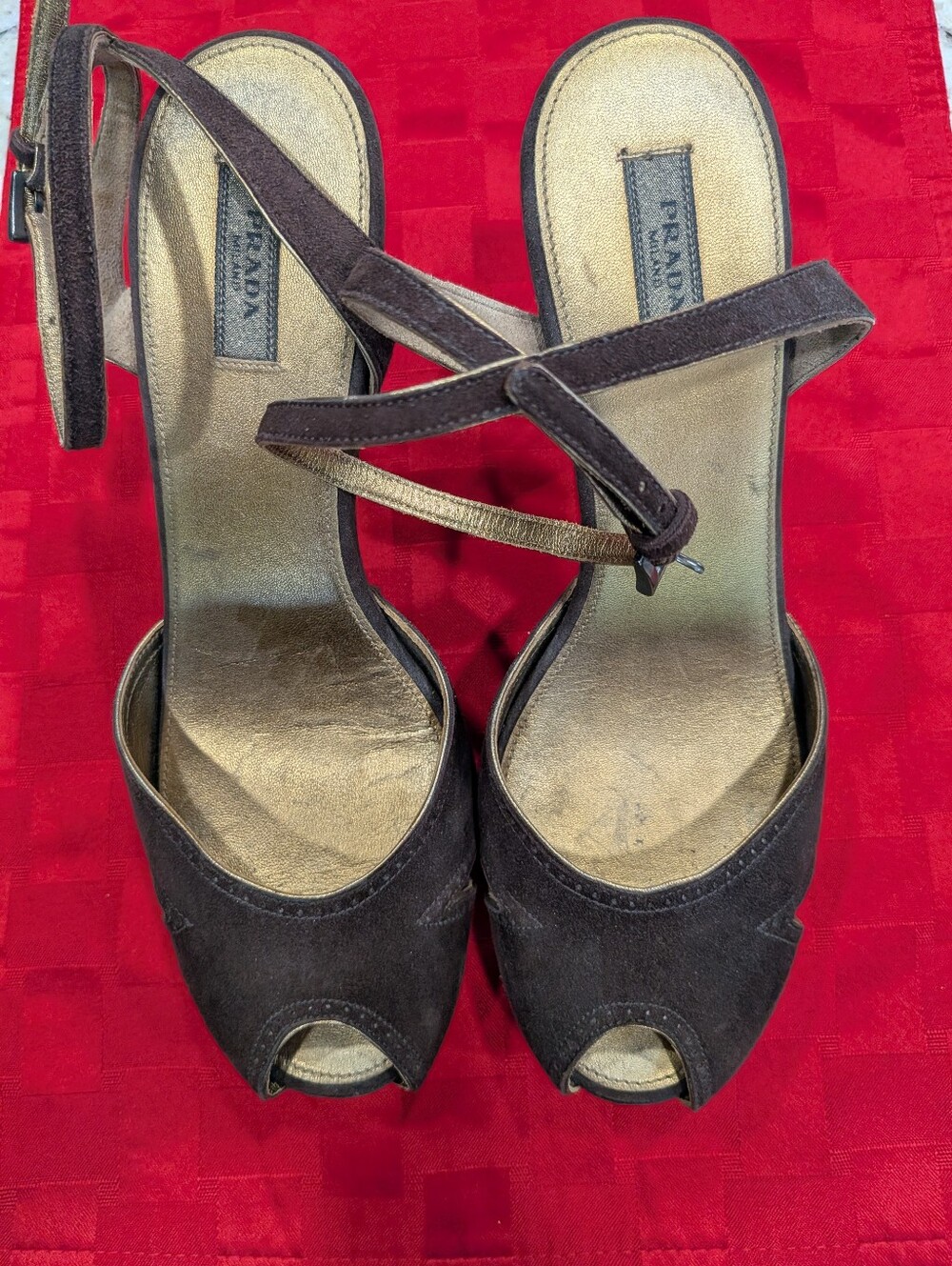 Prada Brown Suede Peep-Toe Ankle-Strap Heels with Gold Insole